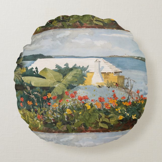 Cojín Redondo Winslow Homer Flower Garden y Bungalow Bermuda (Anverso)