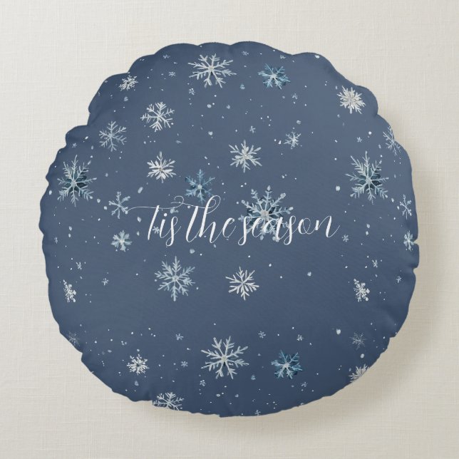 Cojín Redondo Winter Blue Silver Snowflakes Christmas (Anverso)