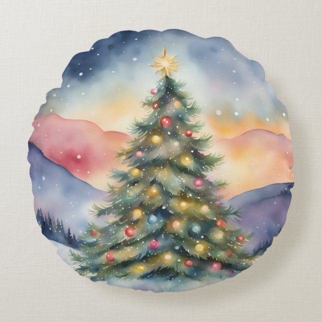 Cojín Redondo Winter Christmas Tree Snowy Sunset Scenery (Anverso)