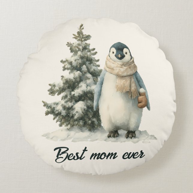 Cojín Redondo Winter Penguin “Best Mom Ever” Design (Anverso)
