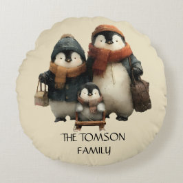 Cojín Redondo Winter Penguin Family Personalized Design