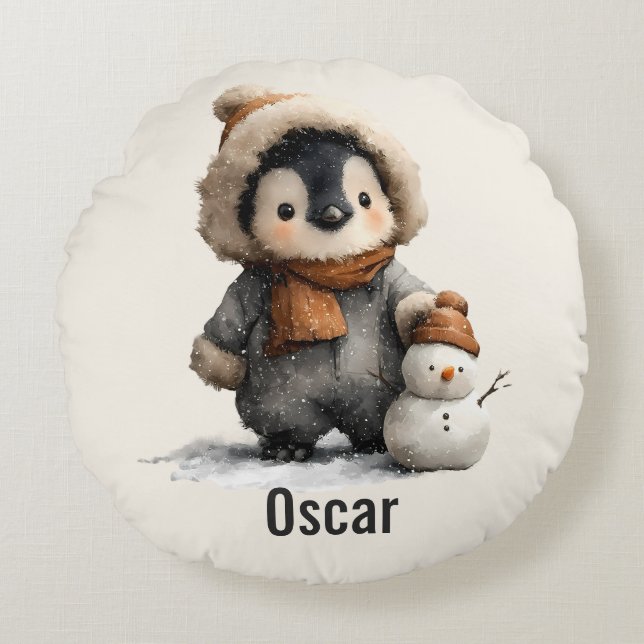 Cojín Redondo Winter Penguin with Snowman Design (Anverso)
