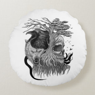 Cojín Redondo Wolf y Raven con el cráneo