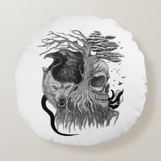 Cojín Redondo Wolf y Raven con el cráneo (Anverso)
