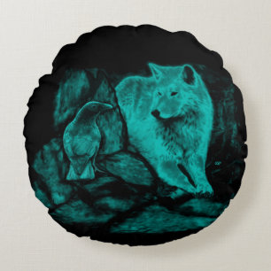 Cojín Redondo Wolf y Raven en la noche