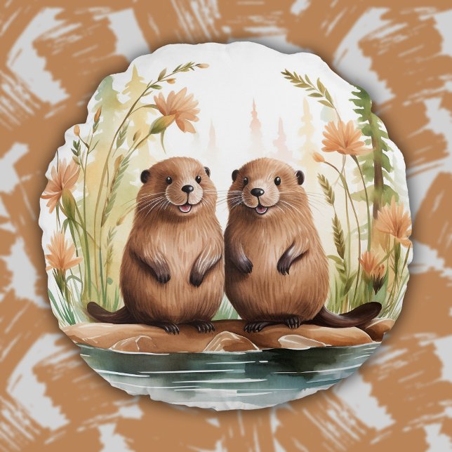 Cojín Redondo Woodland Animals Cute Beavers Baby Kids Room (Woodland Animals Cute Beavers Baby Kids Room Round Pillow)