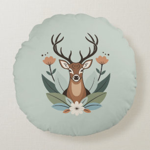 Cojín Redondo Woodland Harmony – Boho Deer Botanical Illustratio