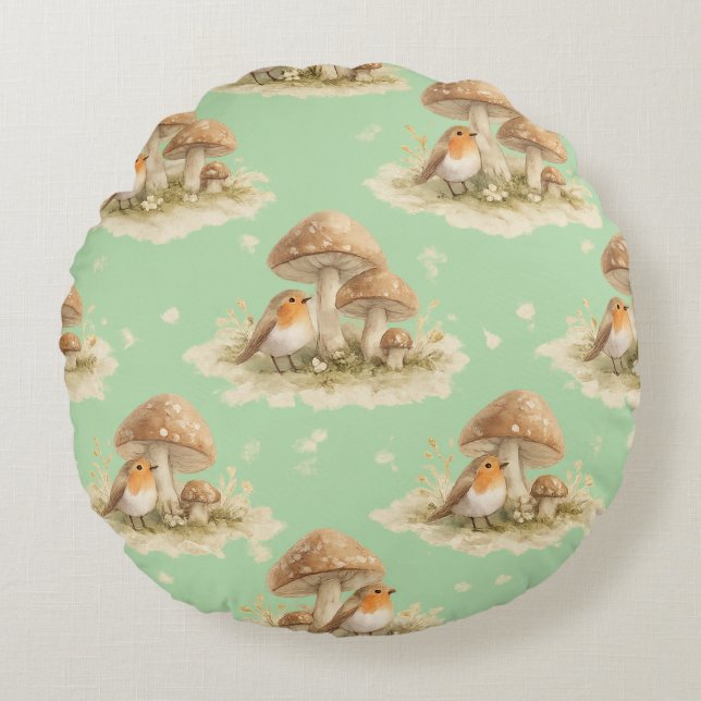 Cojín Redondo Woodland Robin & Mushroom Watercolor Pattern (Anverso)