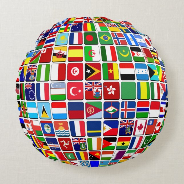 Cojín Redondo World Flags Globe, Internacional, (Anverso)