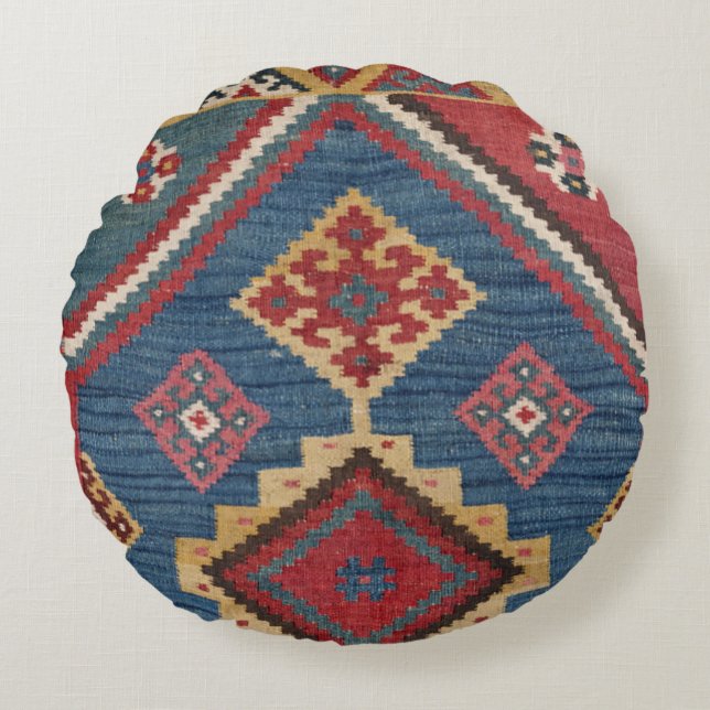 Cojín Redondo Woven Kilim Royal Blue Yellow Classic  (Anverso)