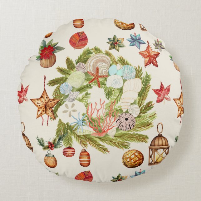 Cojín Redondo Wreath de Navidades de las islas tropicales coster (Anverso)