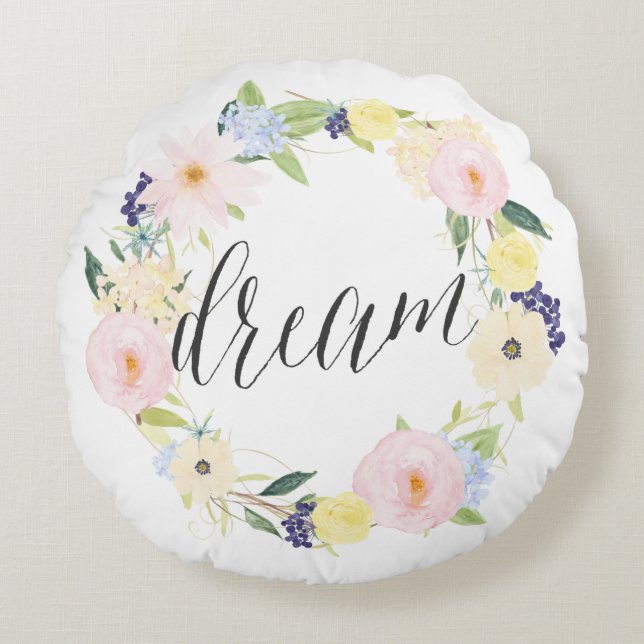 Cojín Redondo Wreath floral de primavera pastel | Pillow redonde (Anverso)