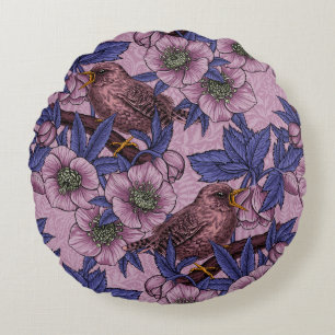 Cojín Redondo Wren y hellebore, rosa y violeta