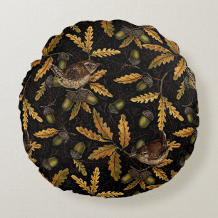 Cojín Redondo Wrens y bellotas sobre negro