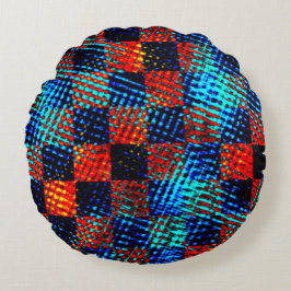 Cojín Redondo Xadrez azul, laranja quase vermelho, sujo falso