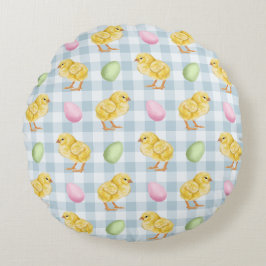 Cojín Redondo Yellow Chicks And Eggs On Blue Gingham Pattern