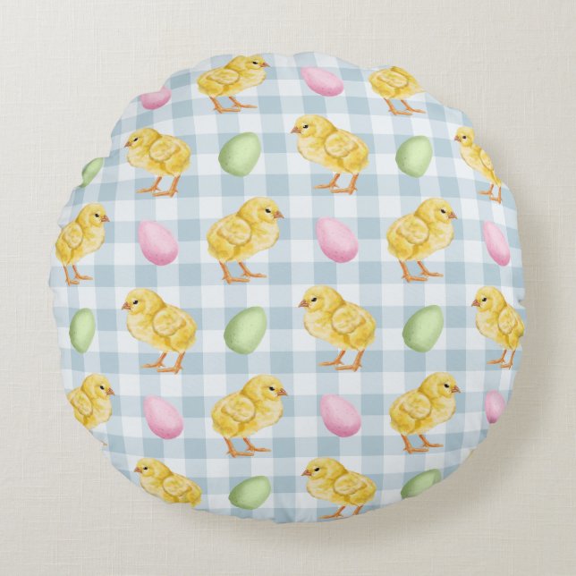 Cojín Redondo Yellow Chicks And Eggs On Blue Gingham Pattern (Anverso)