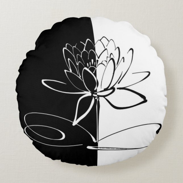 Cojín Redondo Yin Yang Black White Lotus Blossom (Anverso)