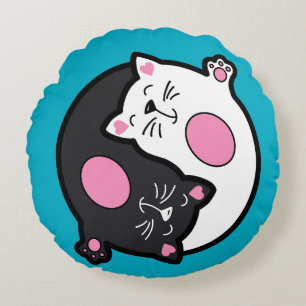 Cojín Redondo Yin Yang Gatos Durmiendo en Blanco y Negro 