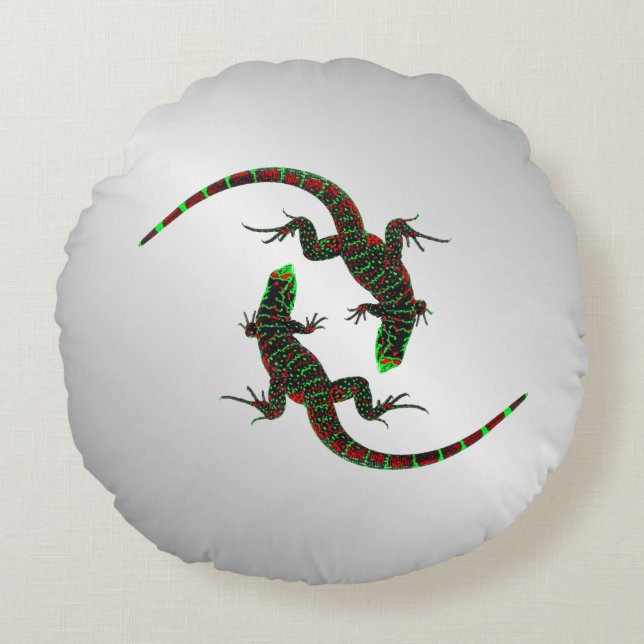 Cojín Redondo Yin Yang Lizards Silver (Anverso)