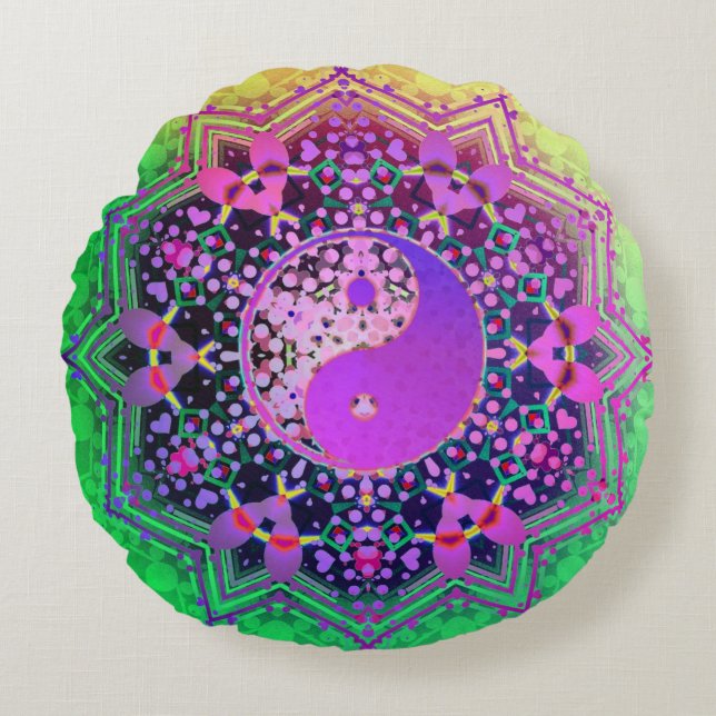 Cojín Redondo Yin Yang Rainbow Love Geometría (Anverso)