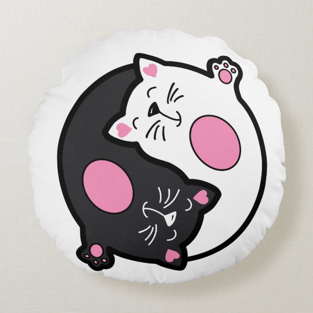 Cojín Redondo Yin Yang Sleeping Cats In Black And White  (Anverso)