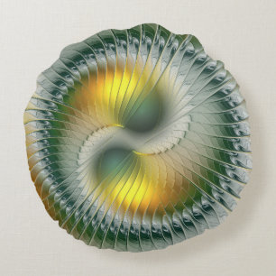 Cojín Redondo Yin Yang Verde Amarillo Fractal Abstracto Colorido
