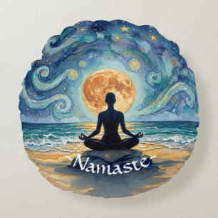Cojín Redondo Yoga Meditación Playa del Océano Cielo Nocturno Es