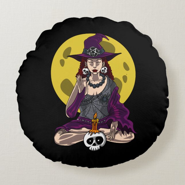 Cojín Redondo Yoga Witch Zen Meditación Namaste Halloween (Anverso)