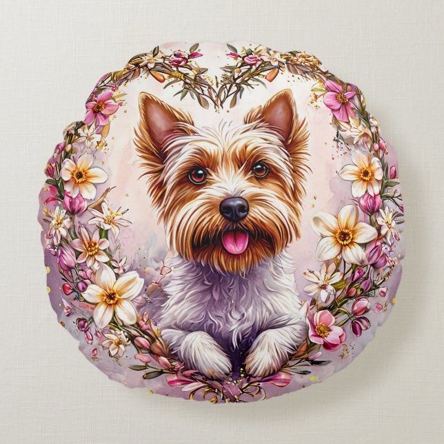 Cojín Redondo Yorkie adorable rodeado de flores (Anverso)