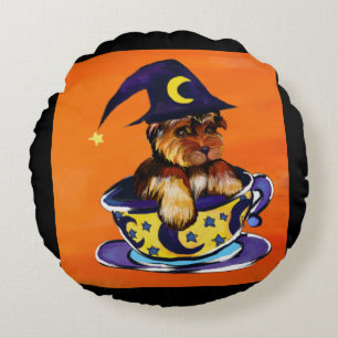 Cojín Redondo Yorkie Poo de Halloween