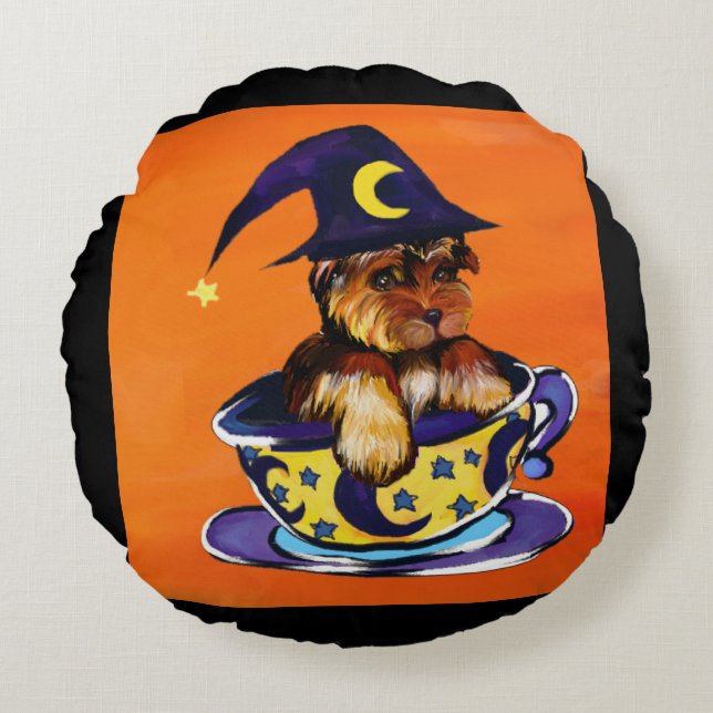 Cojín Redondo Yorkie Poo de Halloween (Anverso)