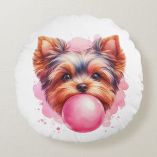 Cojín Redondo Yorkshire Terrier Dog w Pink Bubblegum Watercolor