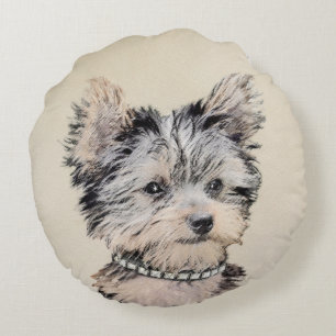 Cojín Redondo Yorkshire Terrier Puppy Pintando Arte Original De