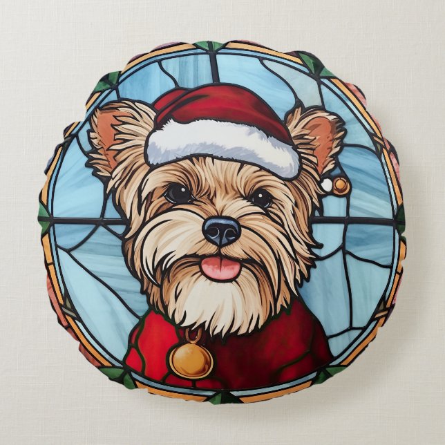 Cojín Redondo Yorkshire Terrier Vidrio Pintado Navidad (Anverso)