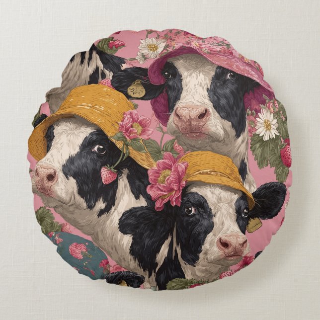 Cojín Redondo Young Cows Wearing Spring Hats In Strawberry Field (Anverso)