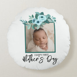 Cojín Redondo Your First Mother's Day Rose Greenery Photo