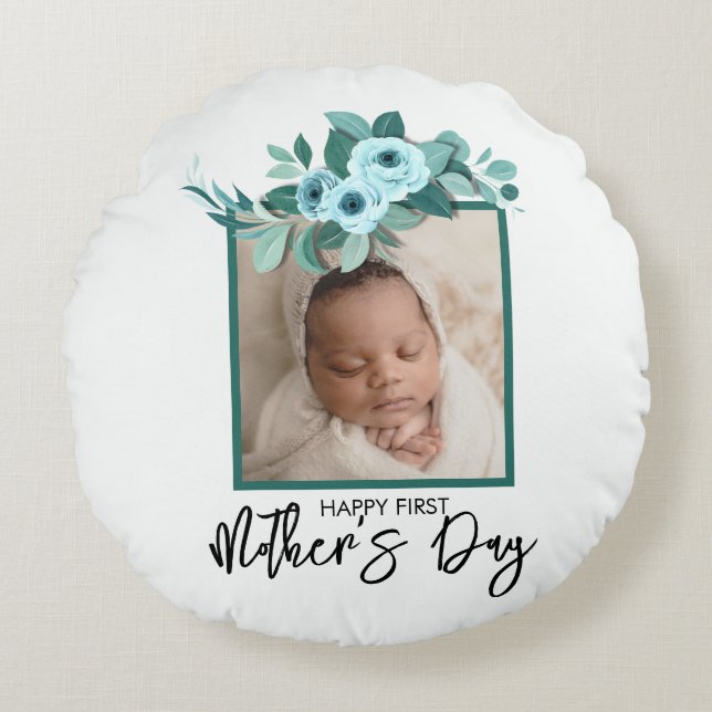 Cojín Redondo Your First Mother's Day Rose Greenery Photo (Anverso)