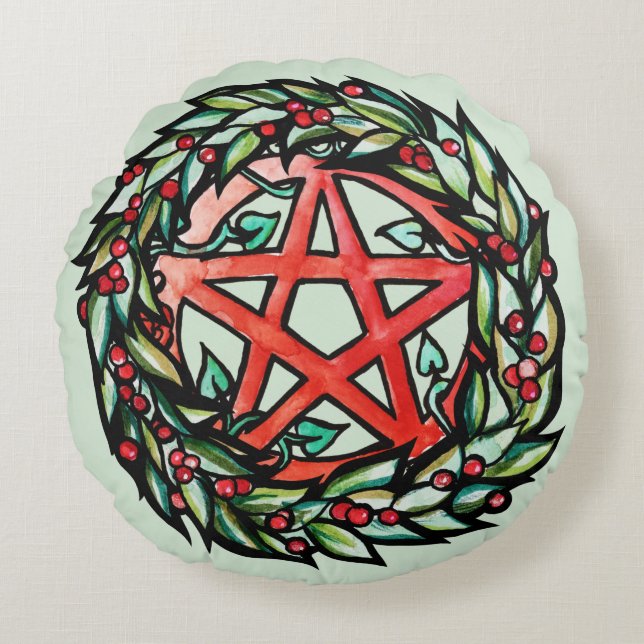 Cojín Redondo Yule Wreath Pentacle Pagan (Anverso)