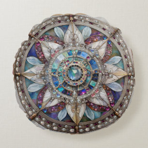 Cojín Redondo Zafiros Rosas y Azules Diamantes Perlas Mandala