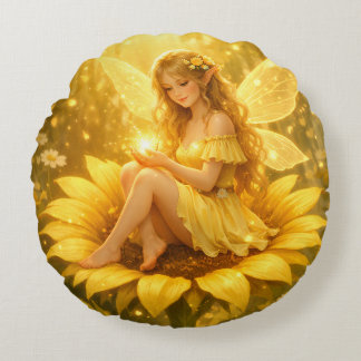Cojín Redondo Zarte Elfe auf einer Sonnenblume