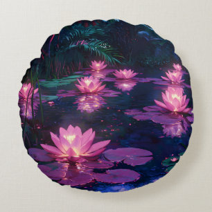 Cojín Redondo Zen de medianoche Naturaleza Estanque de Loto Rosa