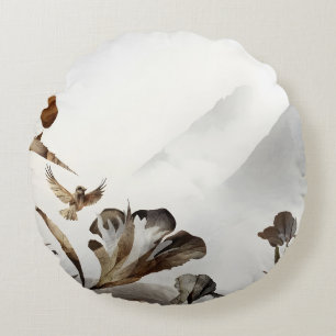 Cojín Redondo Zen Montañas Brumosas Pájaros Minimalista Naturale