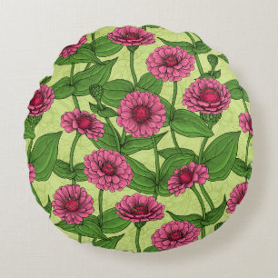 Cojín Redondo Zinnias rosas sobre verde claro