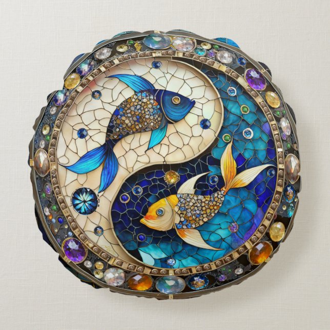 Cojín Redondo Zodiaco - Pez Piscis Yin y Yang (Anverso)