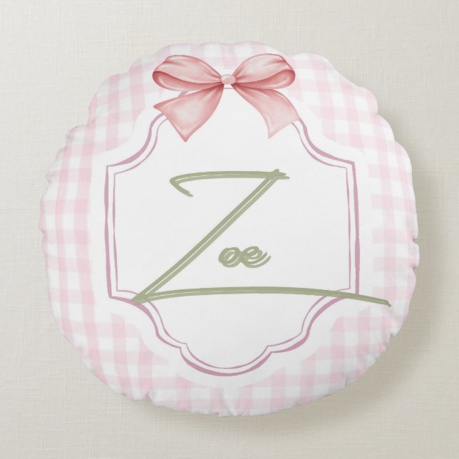 Cojín Redondo Zoe Baby Nursery Personalizado Bow&Gingham (Anverso)