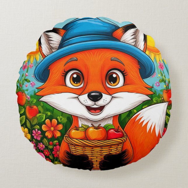 Cojín Redondo Zorro Adorable Con Canasta De Manzanas (Anverso)