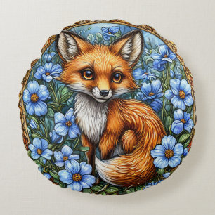 Cojín Redondo Zorro Adorable Rodeado de Flores Azules Vibrantes