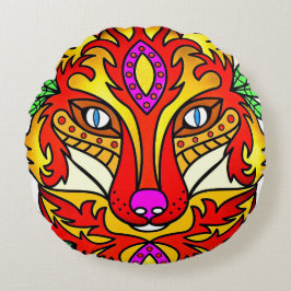 Cojín Redondo Zorro boho arte abstracto lobo púrpura rojo