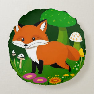 Cojín Redondo Zorro de dibujos animados en un bosque